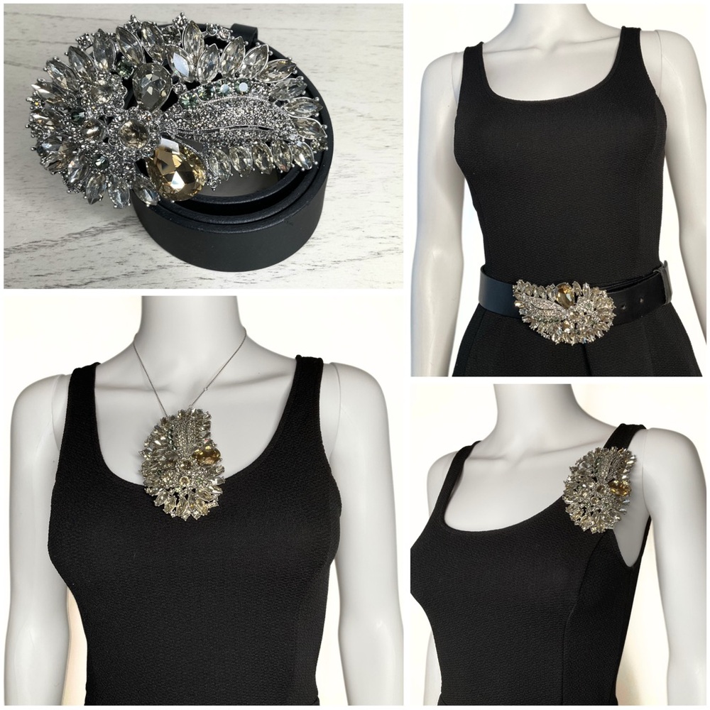 CAbi Silver Tone Rhinestone Brooch Pin Pendant Black Belt Womens SZ M Statement